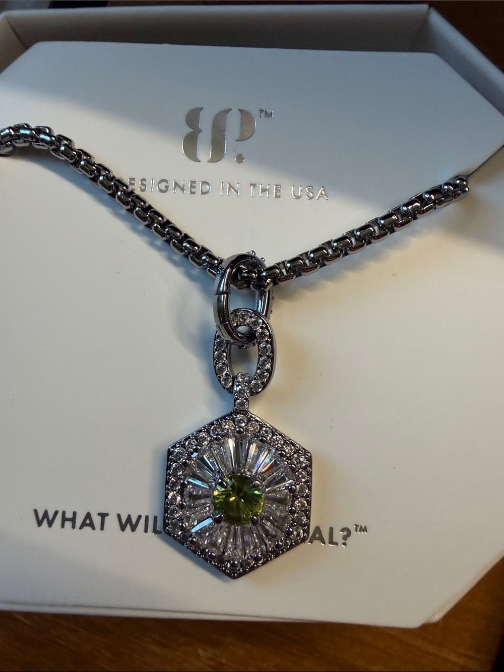 BP Hematite Hexagon Pendant Necklace with Peridot Center